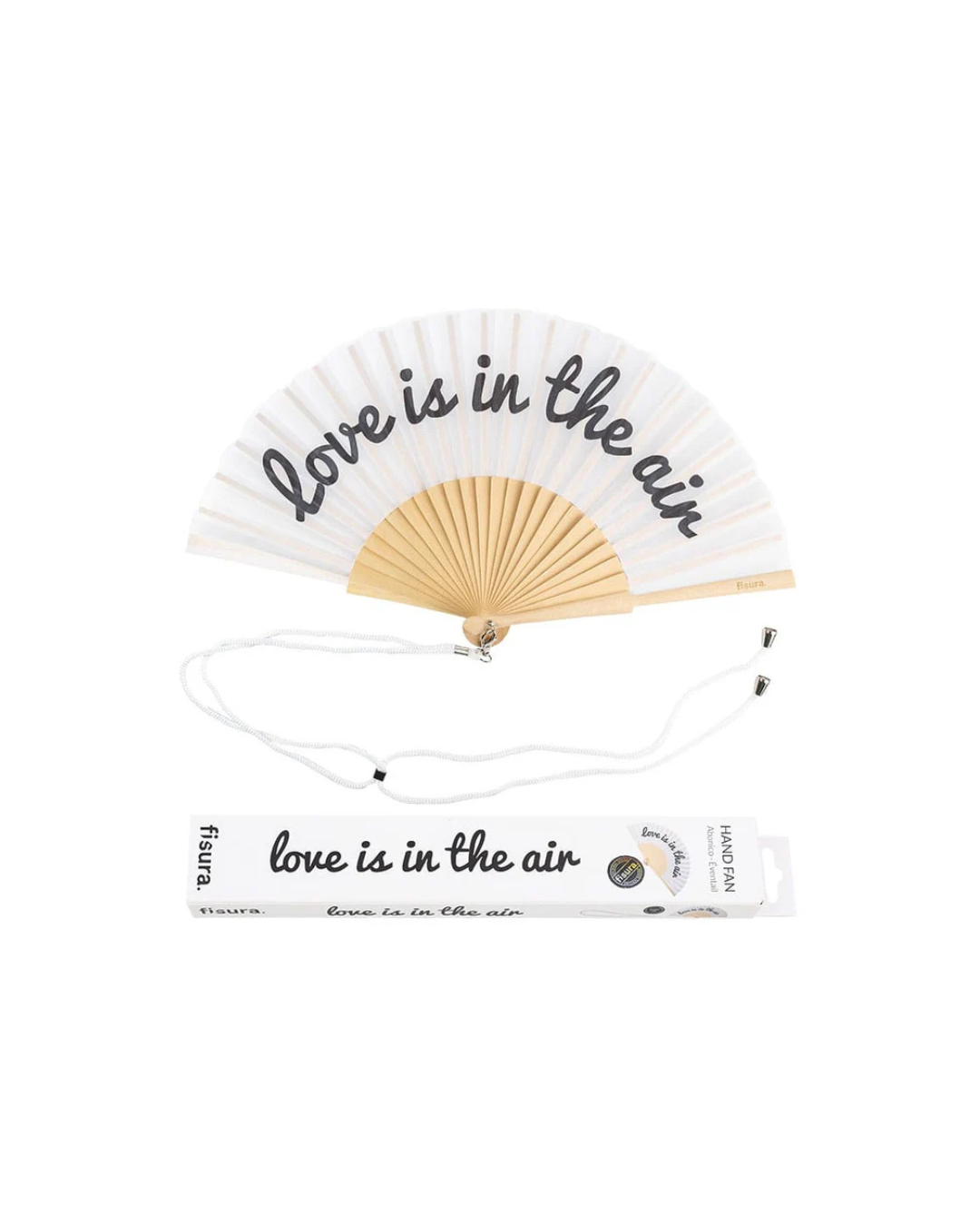 Éventail de mariage "Love is in the Air" en bois FSC et textile blanc avec cordon – accessoire écologique et élégant