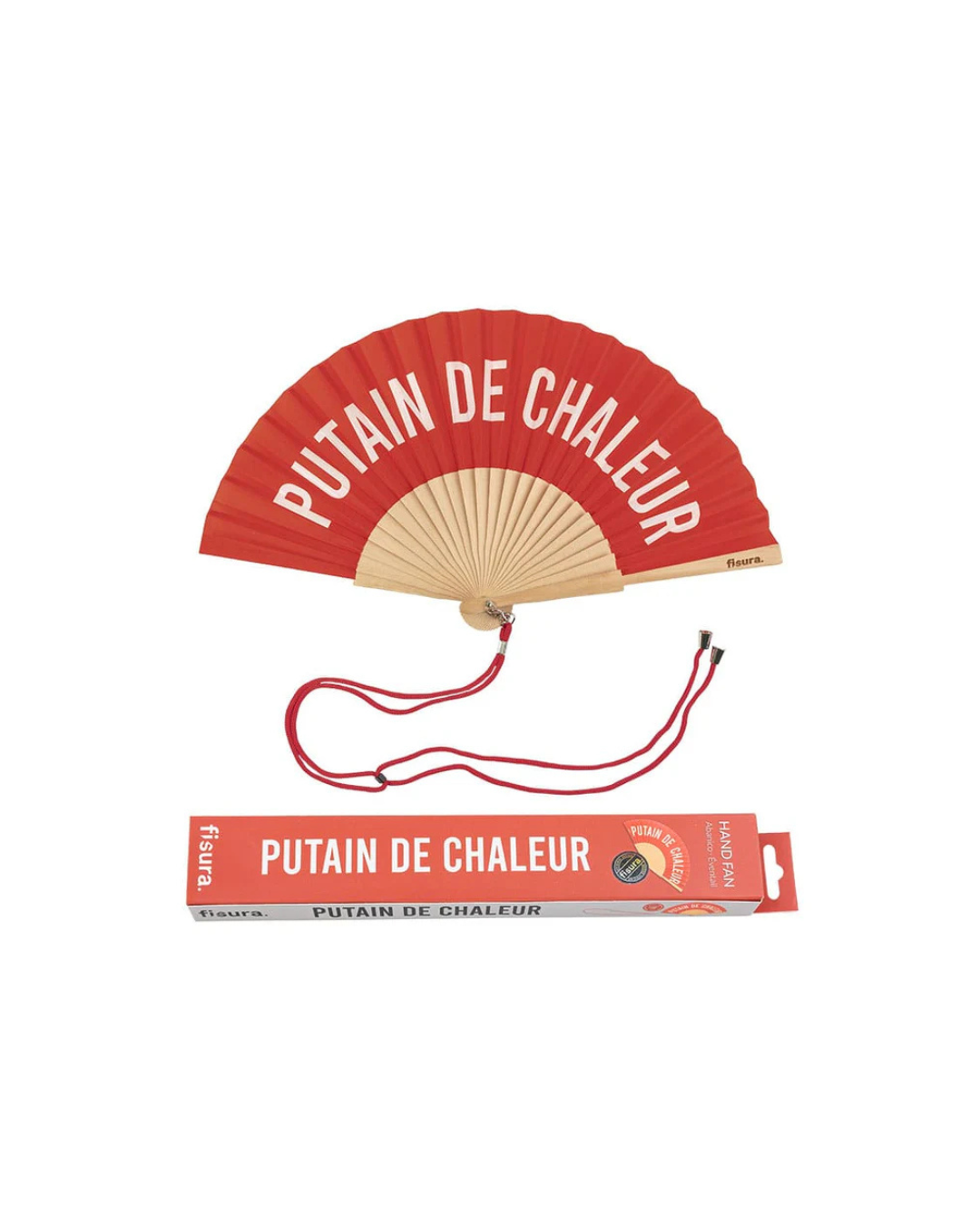 Éventail rouge "Putain de Chaleur" en bois FSC et textile avec cordon – accessoire anti-chaleur original et durable