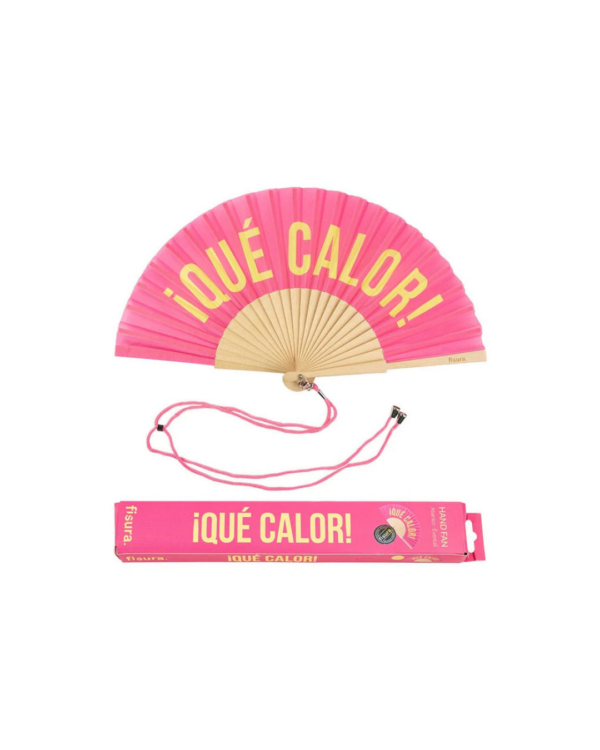 Éventail "Que Calor" rose et jaune en bois FSC et textile avec cordon – accessoire coloré et écoresponsable pour l’été
