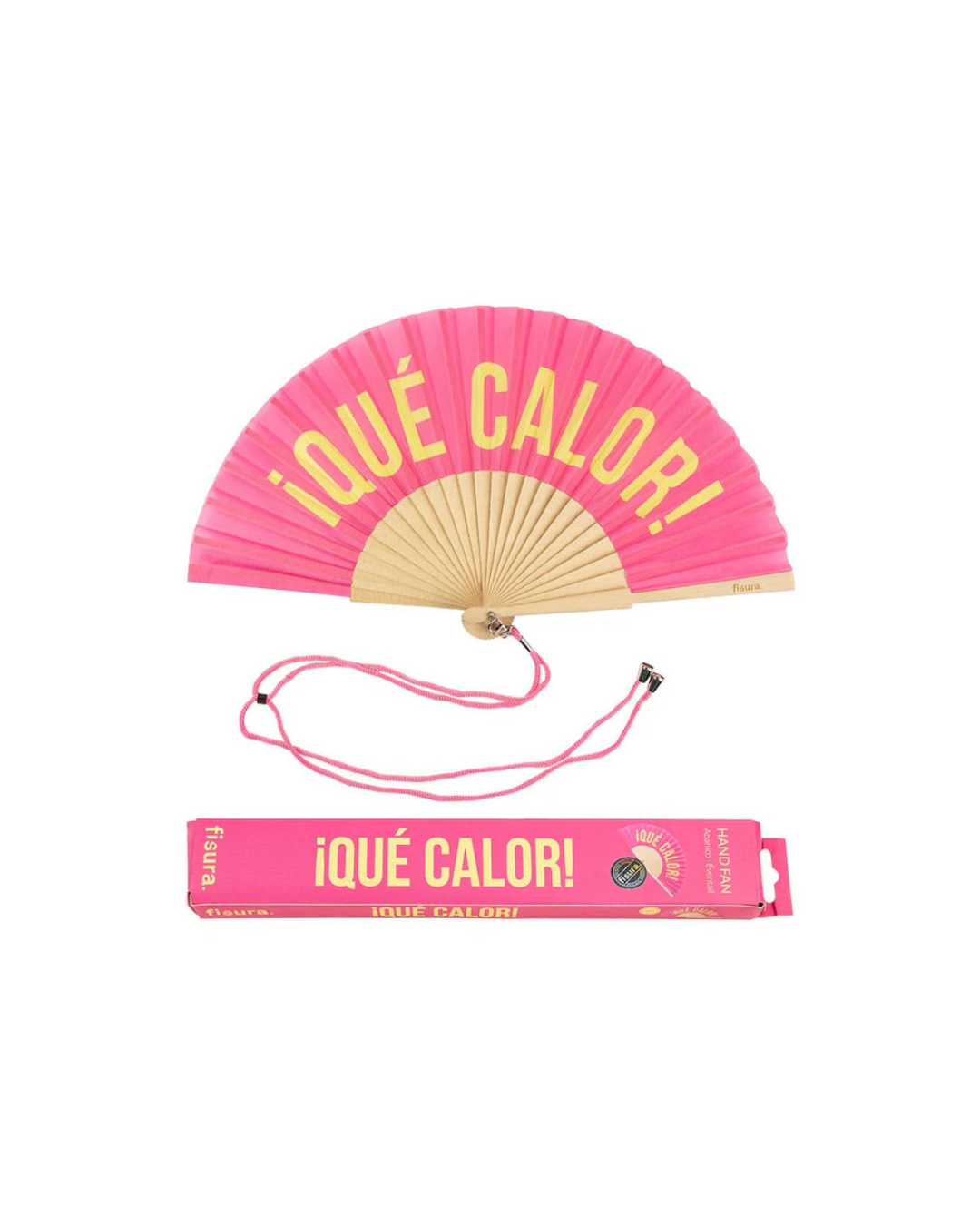 Éventail "Que Calor" rose et jaune en bois FSC et textile avec cordon – accessoire coloré et écoresponsable pour l’été