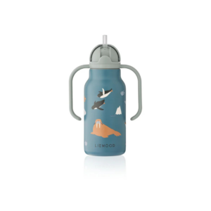 Gourde bébé en inox 250ml bleue avec poignées et paille intégrée – modèle KIMMIE Océan Arctique.