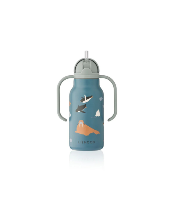 Gourde bébé en inox 250ml bleue avec poignées et paille intégrée – modèle KIMMIE Océan Arctique.