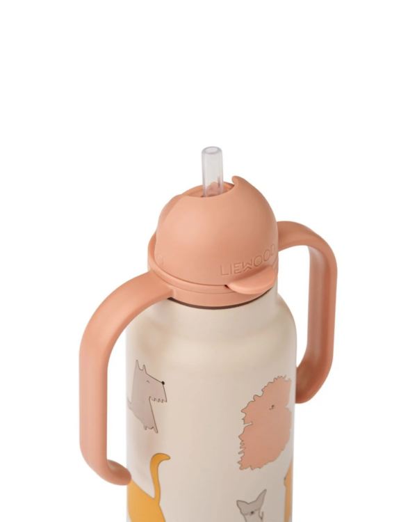 Gourde bébé en inox 250ml bleue avec poignées et paille intégrée – modèle KIMMIE