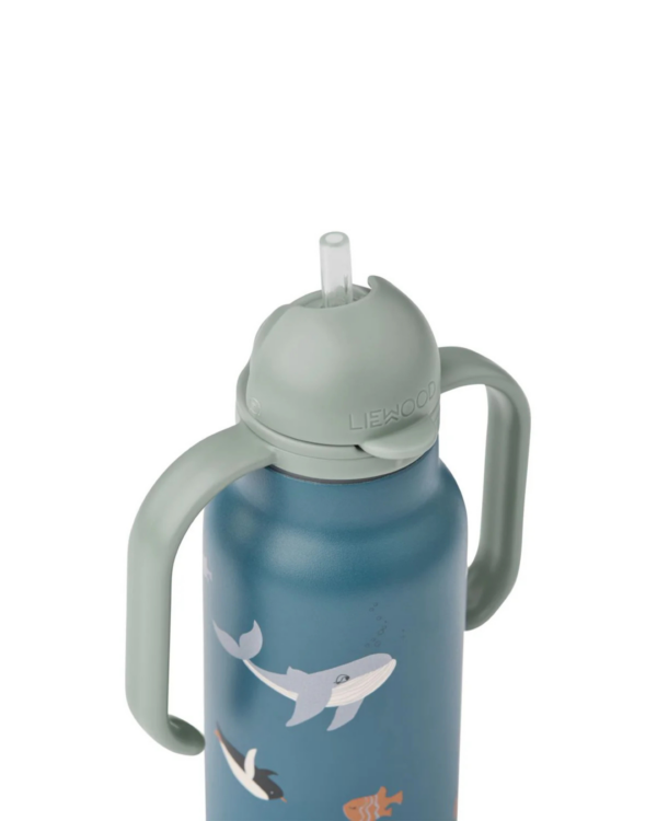 Gourde bébé en inox 250ml bleue avec poignées et paille intégrée – modèle KIMMIE Océan Arctique.