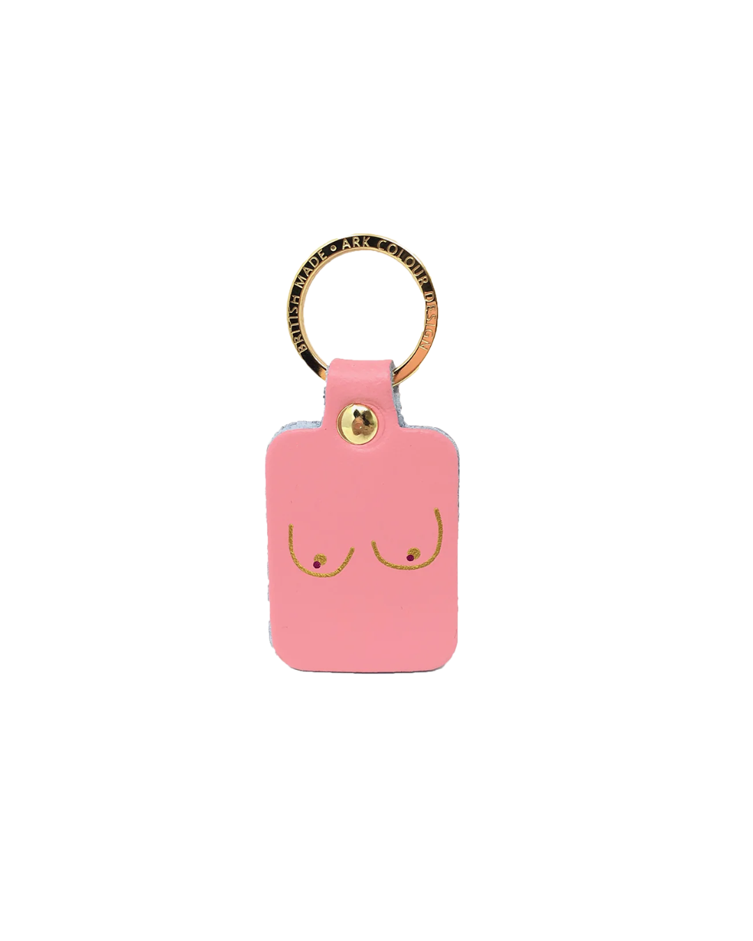 Porte-clés rectangulaire en cuir rose avec illustration minimaliste de seins