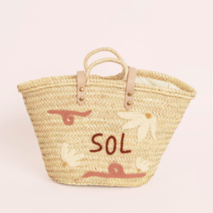 Panier brodé El Sol Rose Maradji en paille tressée avec anses en cuir et broderie rose en laine