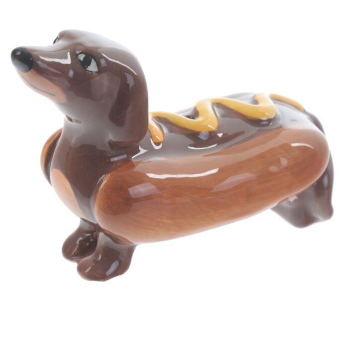Salière poivrière chien saucisse hot dog moutarde en céramique