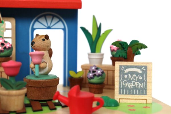 Boîte à musique en bois renard jardinier avec comptine Le fermier dans son pré