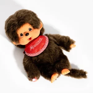 Peluche Monchhichi Kiki – bavoir rouge, 20 cm, peluche vintage en polyester doux