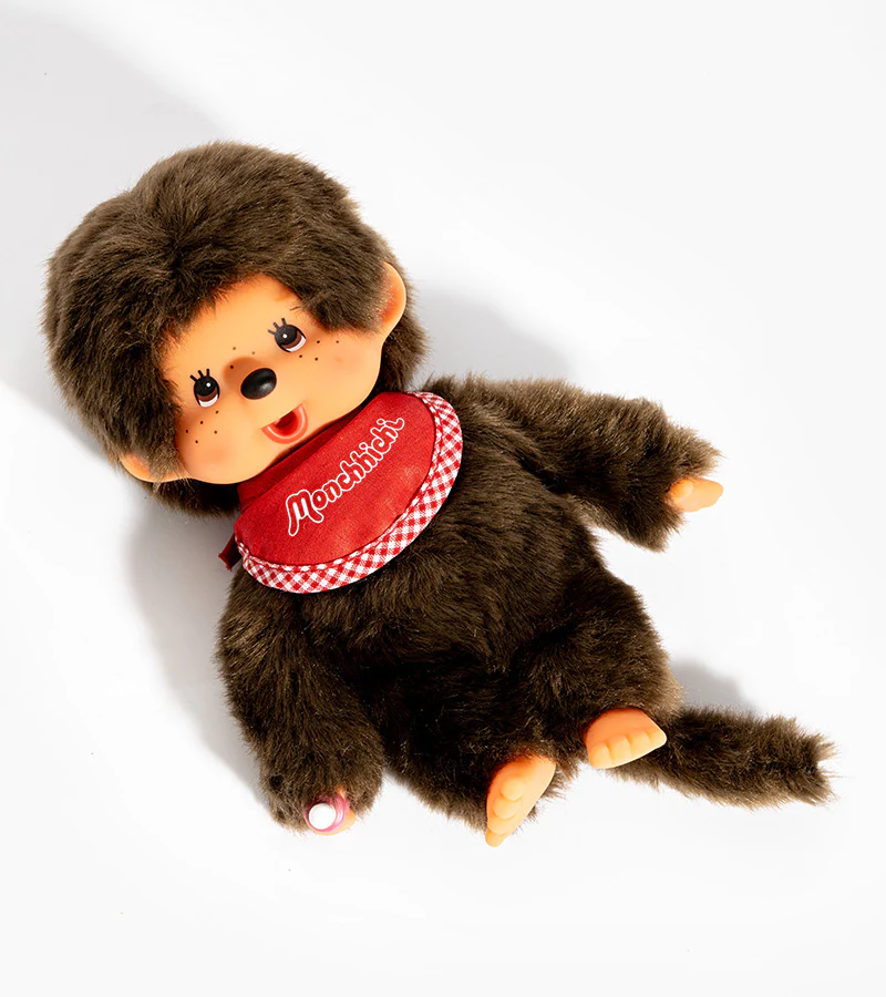 Peluche Monchhichi Kiki – bavoir rouge, 20 cm, peluche vintage en polyester doux