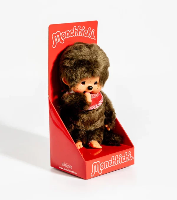 Peluche Monchhichi Kiki – bavoir rouge, 20 cm, peluche vintage en polyester doux