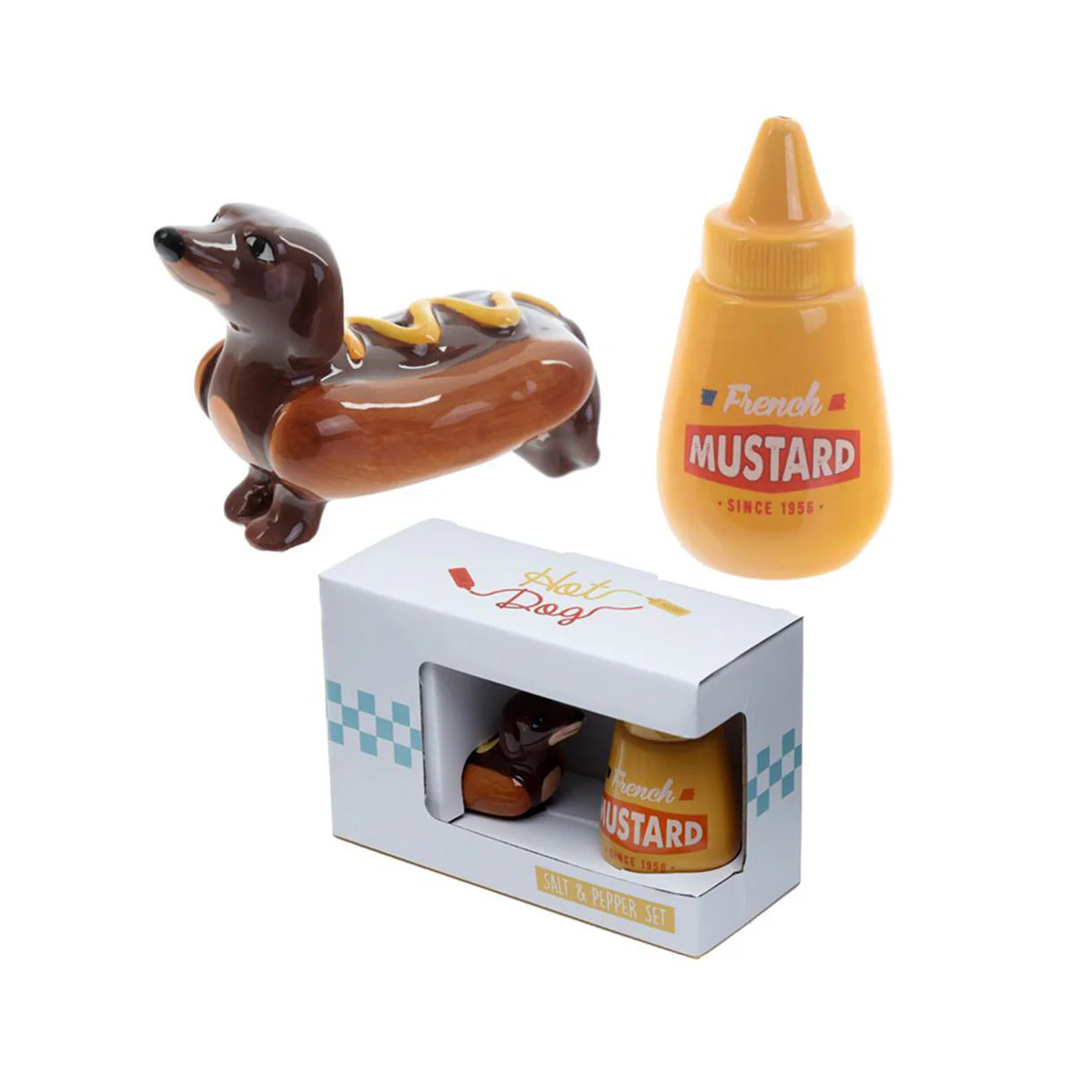Salière poivrière chien saucisse hot dog moutarde en céramique