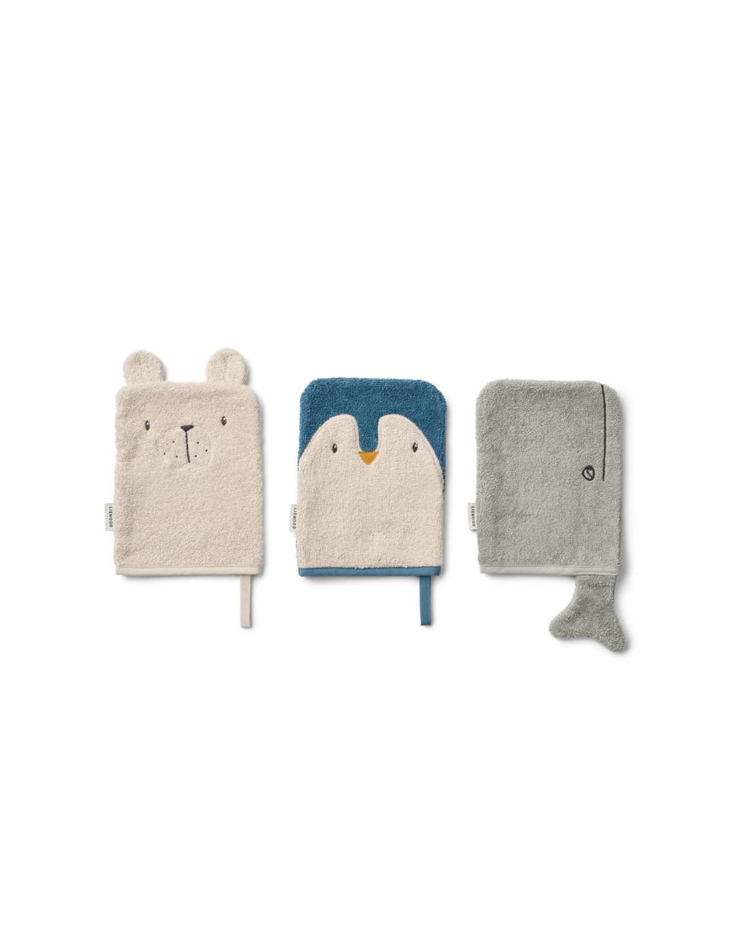 Lot de 3 gants de toilette animaux SYLVESTER pour enfant en coton bio, coloris Arctic Sea et Ocean View