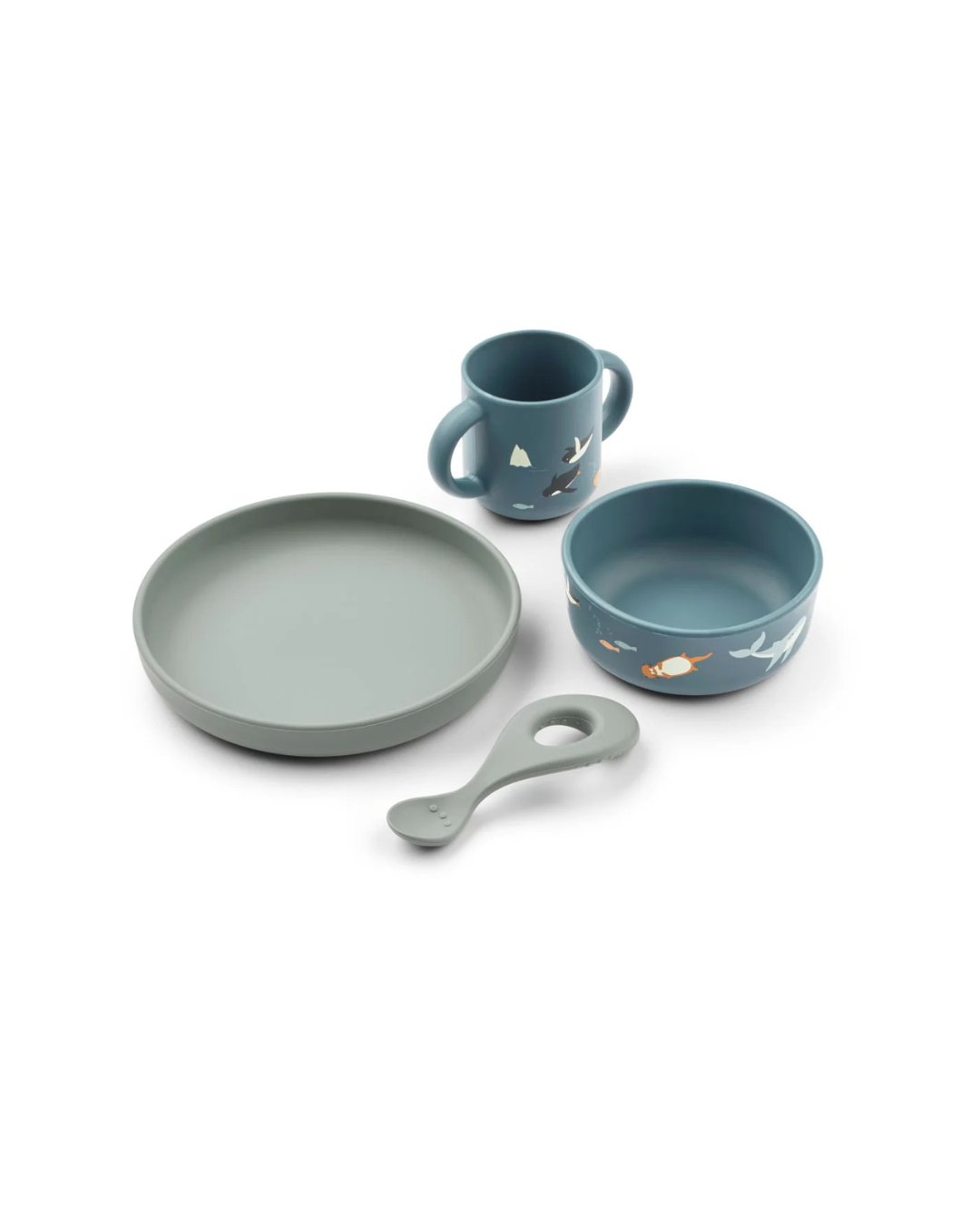 Set de vaisselle bébé en silicone VIVI avec tasse, bol, assiette et cuillère, résistant aux chocs et imprimés ludiques