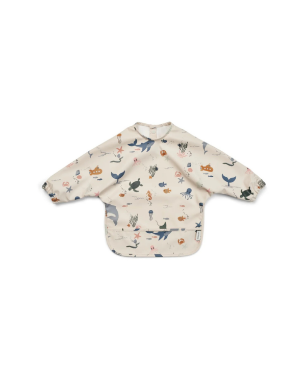 Bavoir avec manches à imprimé MERLE en polyester recyclé, avec poignets élastiqués et poche attrape-tout