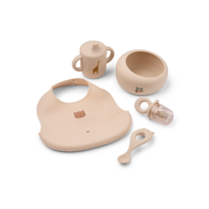 Set repas complet MILEAH en silicone rose pâle pour bébé – Bol, cuillère, tasse, bavoir et distributeur d’aliments