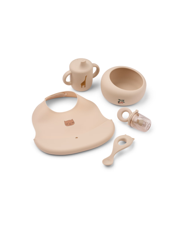 Set repas complet MILEAH en silicone rose pâle pour bébé – Bol, cuillère, tasse, bavoir et distributeur d’aliments