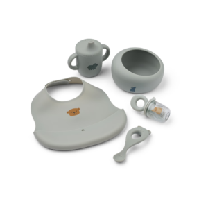 Set repas complet MILEAH en silicone bleu gris pour bébé – Bol, cuillère, tasse, bavoir et distributeur d’aliments