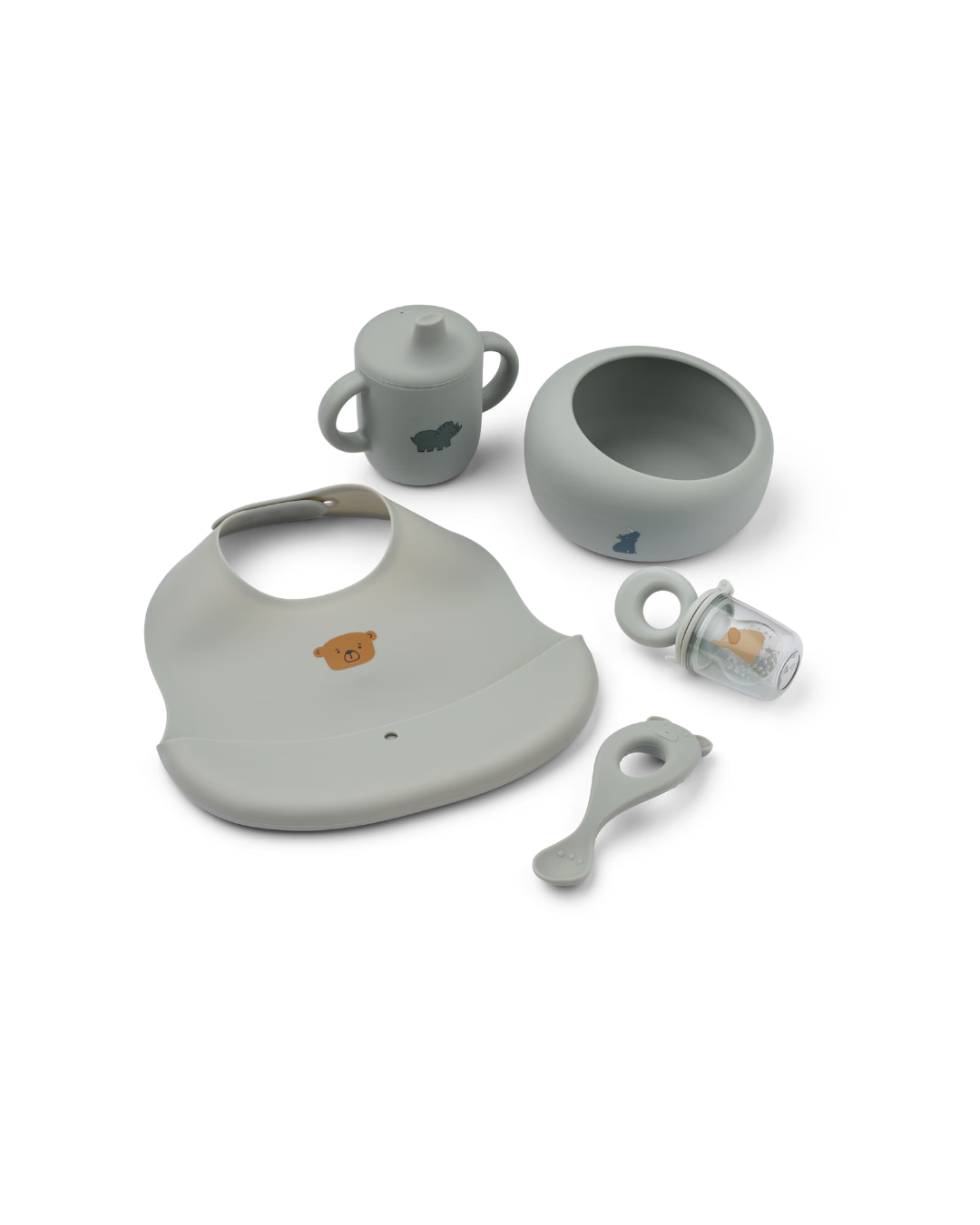 Set repas complet MILEAH en silicone bleu gris pour bébé – Bol, cuillère, tasse, bavoir et distributeur d’aliments