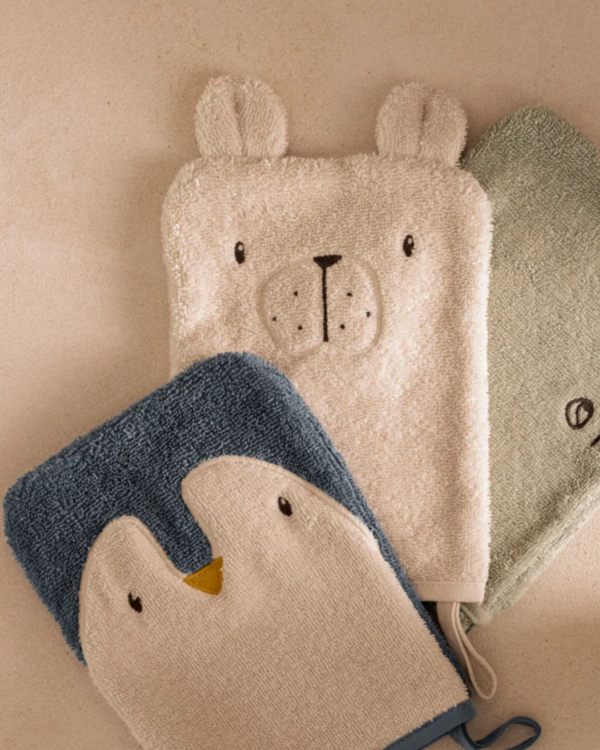 Lot de 3 gants de toilette animaux SYLVESTER pour enfant en coton bio, coloris Arctic Sea et Ocean View