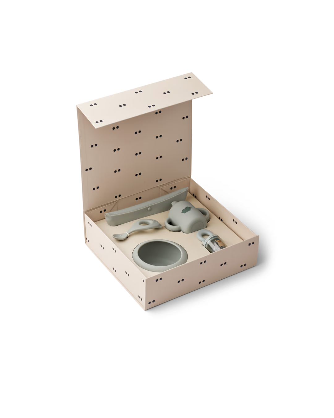 Set repas complet MILEAH en silicone bleu gris pour bébé – Bol, cuillère, tasse, bavoir et distributeur d’aliments