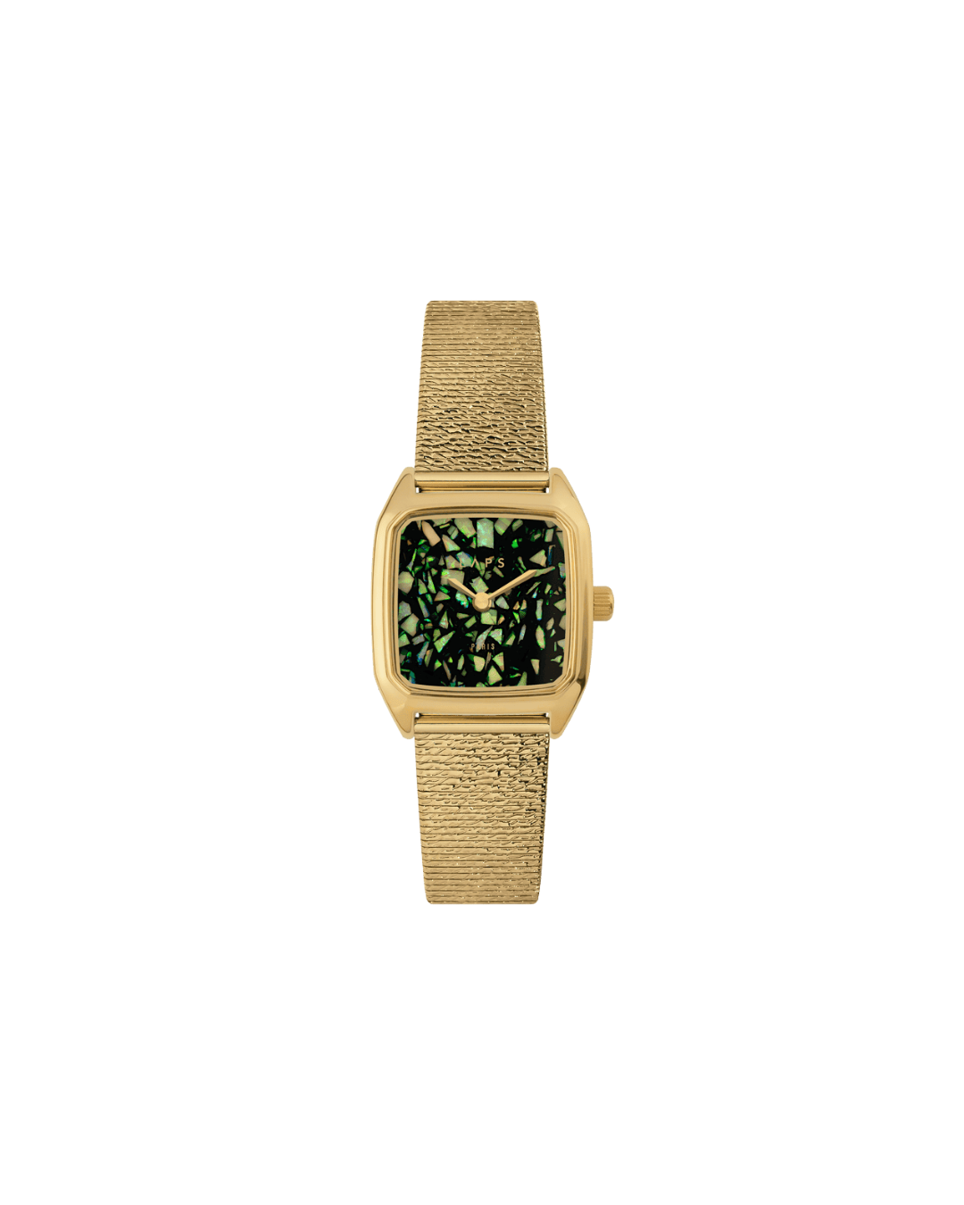Montre PRIMA OPALI 05 Verte avec cadran en Bello Opal® vert émeraude et bracelet métal pépite 14 mm, assemblée à Paris