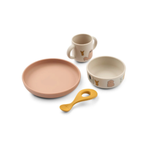 Set de vaisselle bébé en silicone VIVI avec tasse, bol, assiette et cuillère, résistant aux chocs et imprimés ludiques