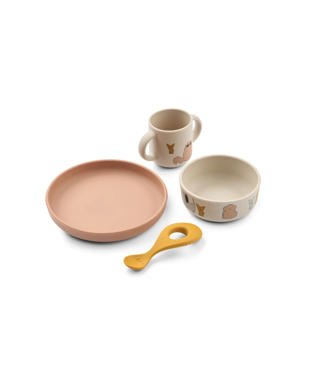 Set de vaisselle bébé en silicone VIVI avec tasse, bol, assiette et cuillère, résistant aux chocs et imprimés ludiques