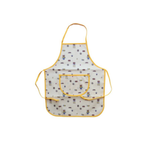 Tablier de cuisine enfant ours – Collection Petit Déj, tablier en toile cirée beige avec oursons et motifs petit déjeuner