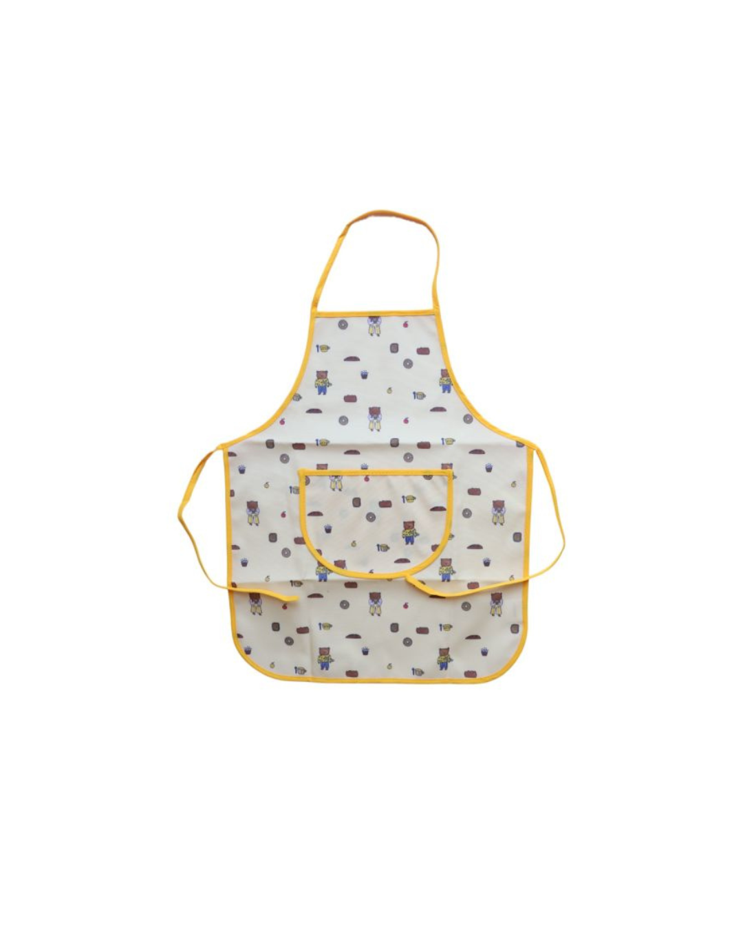 Tablier de cuisine enfant ours – Collection Petit Déj, tablier en toile cirée beige avec oursons et motifs petit déjeuner