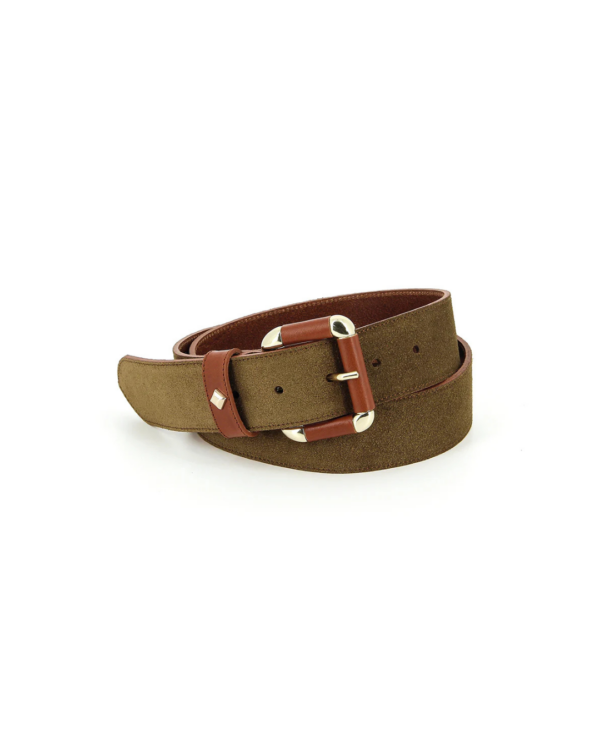 Ceinture La Coulomb Velours Tobacco & Nutella en cuir bicolore avec boucle dorée, fabriquée en Bretagne.
