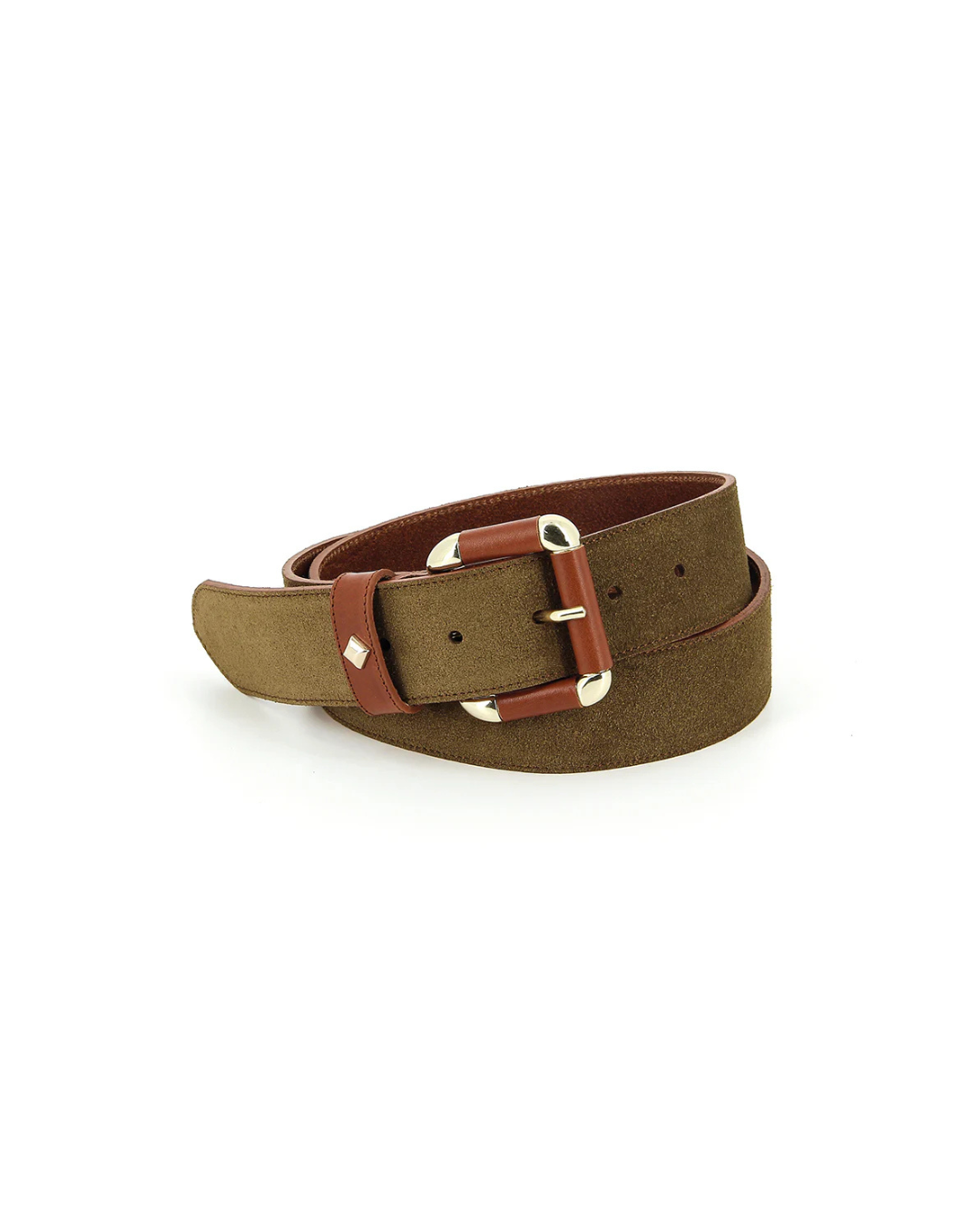Ceinture La Coulomb Velours Tobacco & Nutella en cuir bicolore avec boucle dorée, fabriquée en Bretagne.