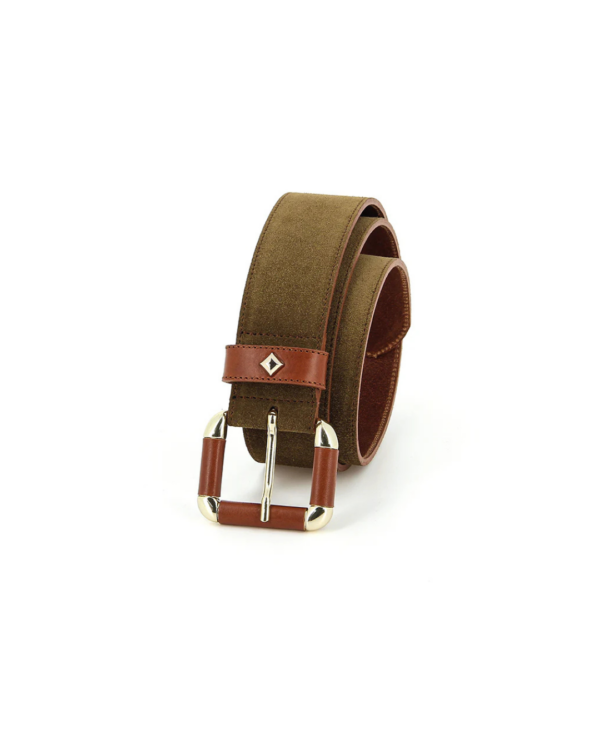 Ceinture La Coulomb Velours Tobacco & Nutella en cuir bicolore avec boucle dorée, fabriquée en Bretagne.