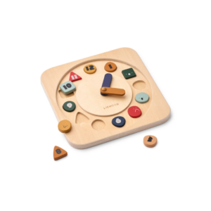 Horloge pédagogique KARAMO en bois avec chiffres et visages expressifs, jeu éducatif pour apprendre l’heure et les émotions dès 3 ans