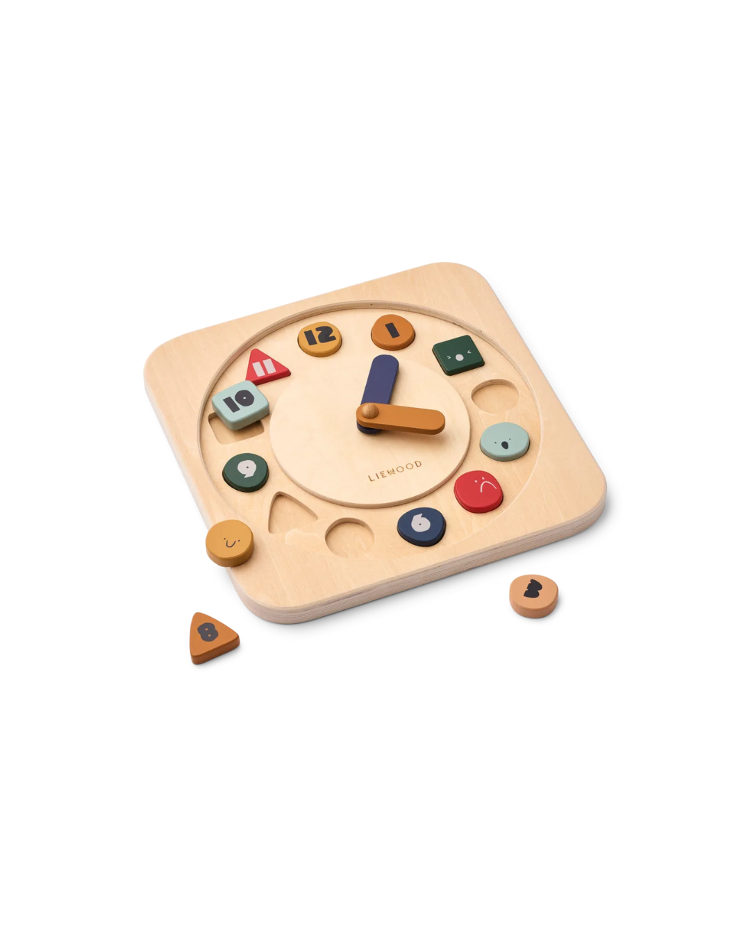 Horloge pédagogique KARAMO en bois avec chiffres et visages expressifs, jeu éducatif pour apprendre l’heure et les émotions dès 3 ans