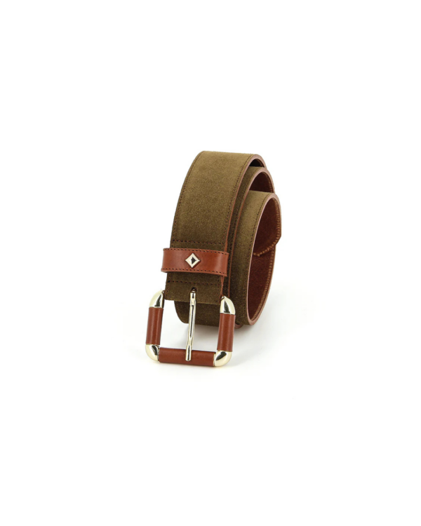 Ceinture en cuir velours Tobacco et vachette pleine fleur caramel avec boucle dorée – La Coulomb