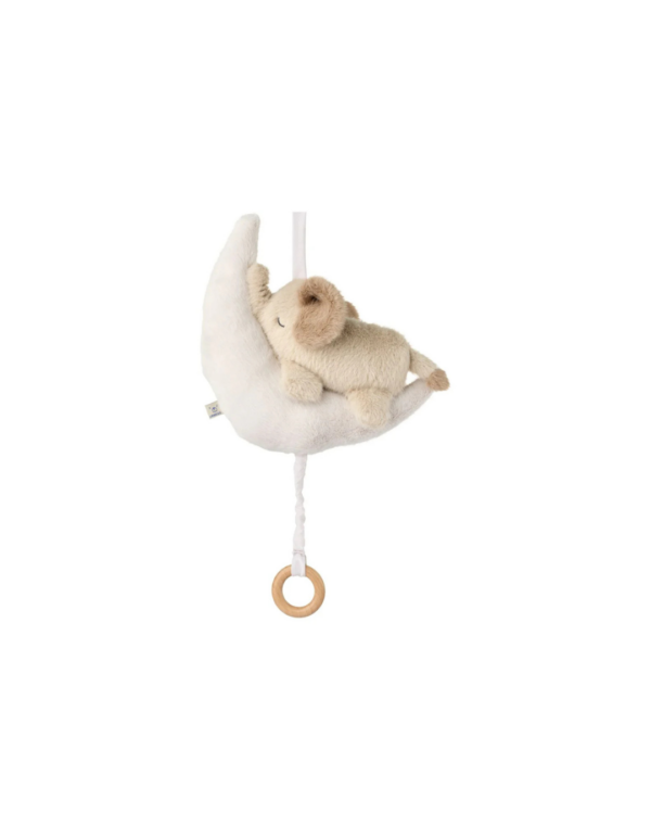 Mobile musical MANDY avec éléphant endormi sur un croissant de lune, joue la berceuse de Brahms, fabriqué en polyester recyclé certifié GRS