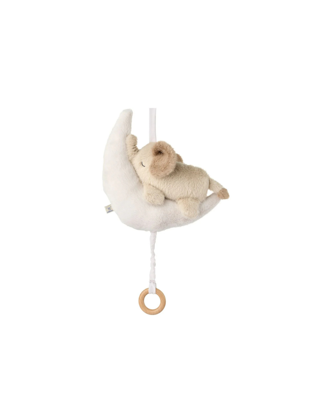 Mobile musical MANDY avec éléphant endormi sur un croissant de lune, joue la berceuse de Brahms, fabriqué en polyester recyclé certifié GRS
