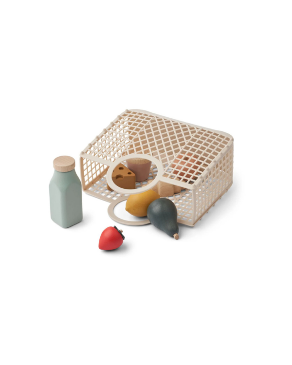 Panier de dînette FLORIN avec 8 aliments en bois et panier SAMANTHA, jouet d’imitation pour enfants