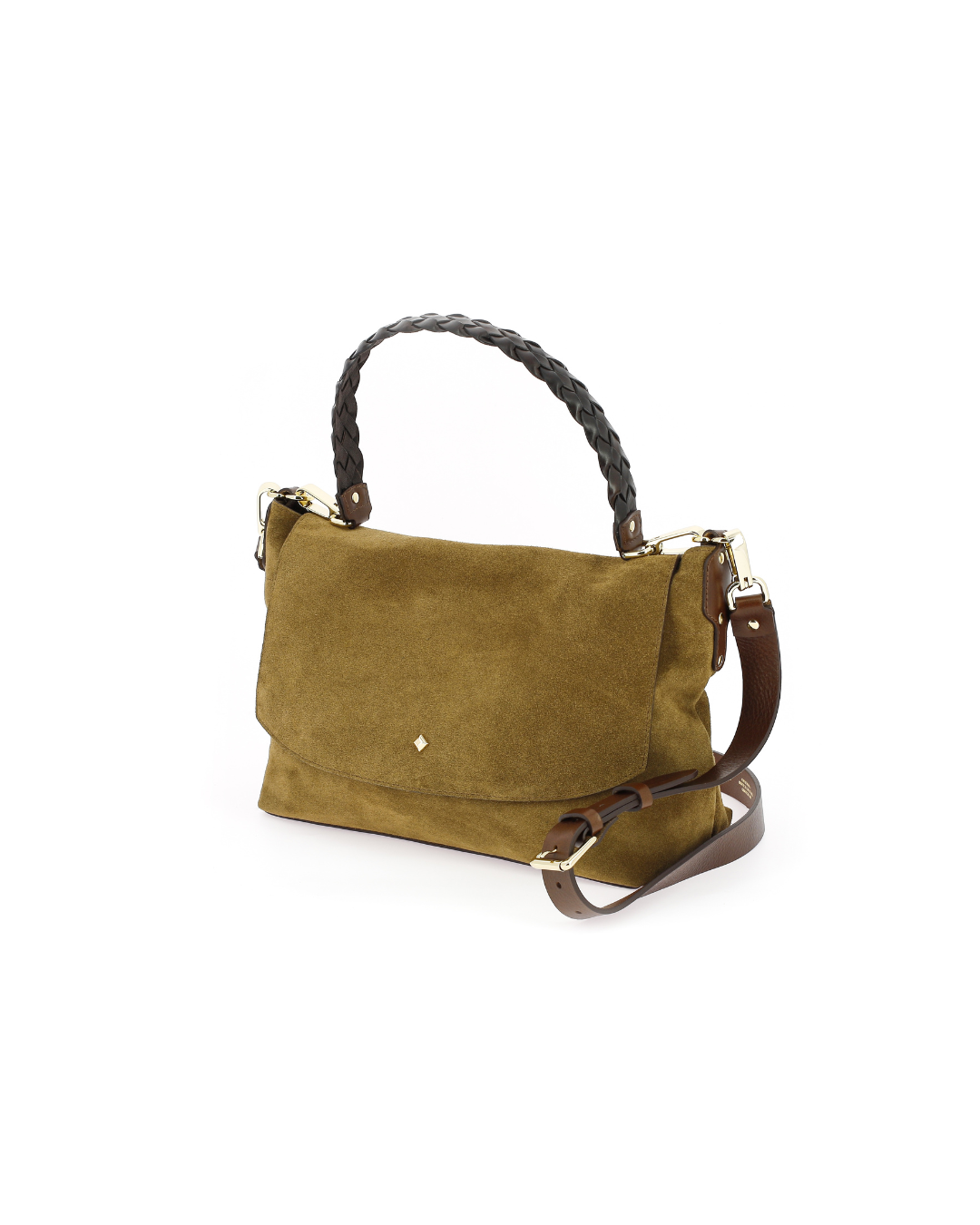 Sac Le New Benson Velours Nutella & Tobacco en cuir porté à l’épaule avec anse cloutée.