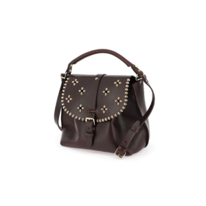 Sac Le Eddie Rock Fleurs Bordeaux en cuir pleine fleur avec clous décoratifs et bijouterie dorée.