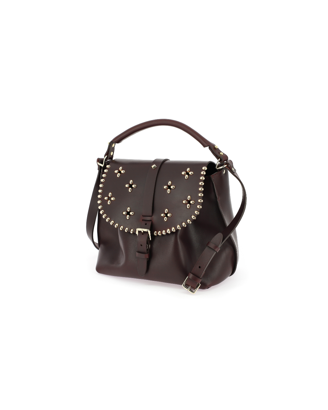 Sac Le Eddie Rock Fleurs Bordeaux en cuir pleine fleur avec clous décoratifs et bijouterie dorée.