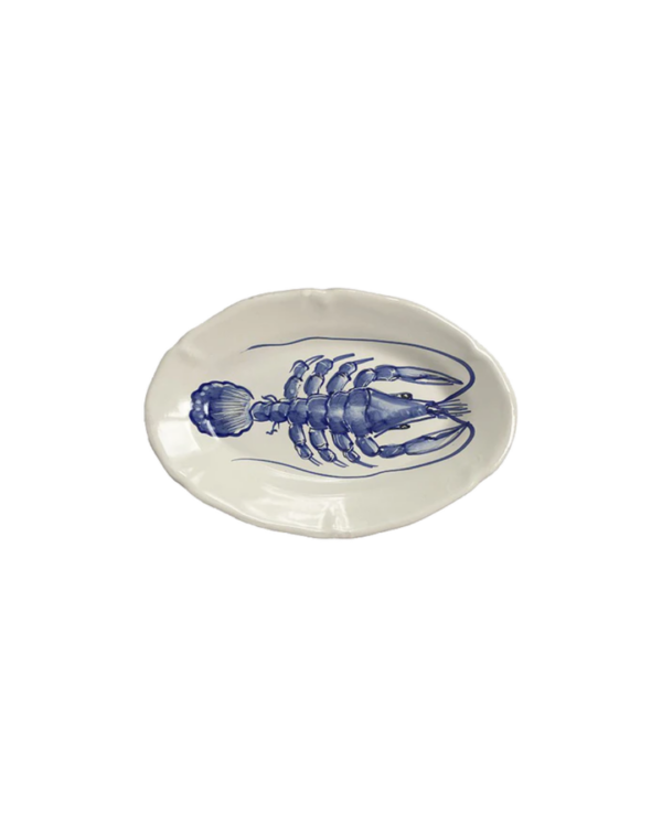 Plat ovale Mare 30 cm en céramique artisanale avec motif homard bleu, fait main en Italie, collection Mare