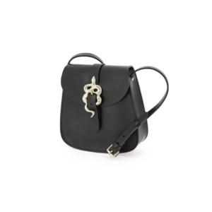 Petit sac besace Le Sab Barbier Noir & Or en cuir noir pleine fleur avec boucle serpent dorée.