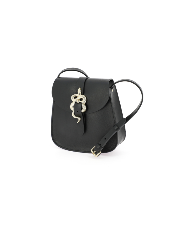 Petit sac besace Le Sab Barbier Noir & Or en cuir noir pleine fleur avec boucle serpent dorée.