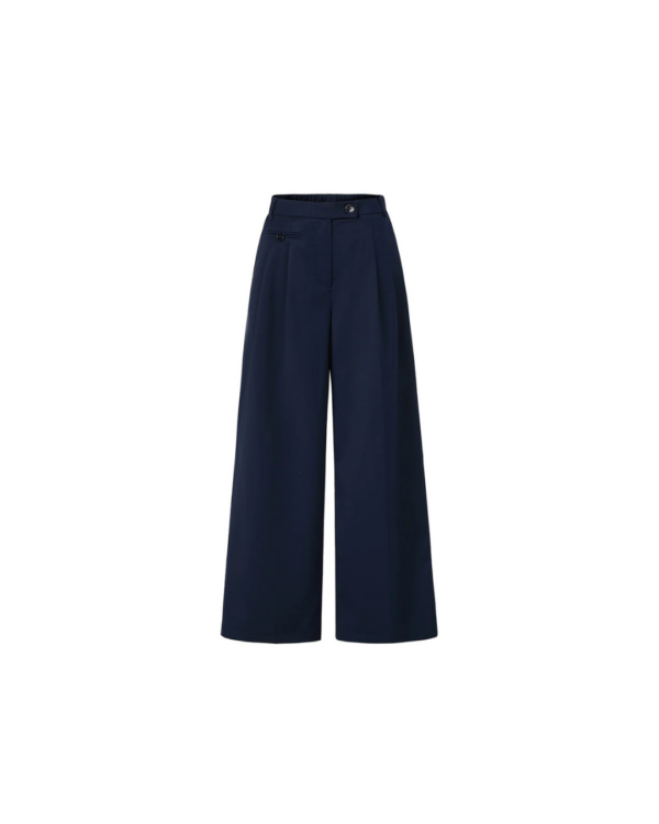 Pantalon Hibiscus bleu nuit FRNCH, pantalon de costume à jambes longues avec pinces, tissu exclusif, coupe élégante.