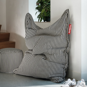 Pouf Fatboy Original Slim Terry Noir Crème en tissu éponge rayé, confortable et design, rempli de billes EPS