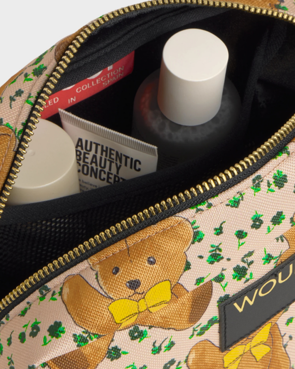 Trousse de toilette imprimé oursons en tissu recyclé – trousse compacte et déperlante pour maquillage et produits de beauté