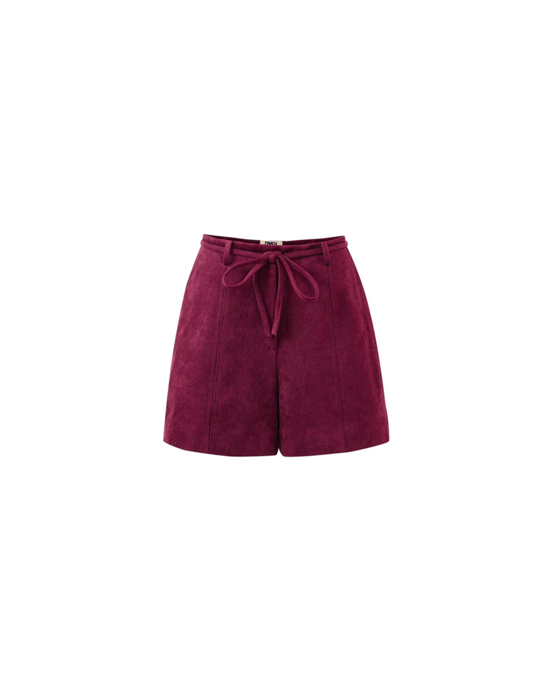 Short Ginette FRNCH en suédine bordeaux, taille haute, avec poches, passants et nœud amovible.