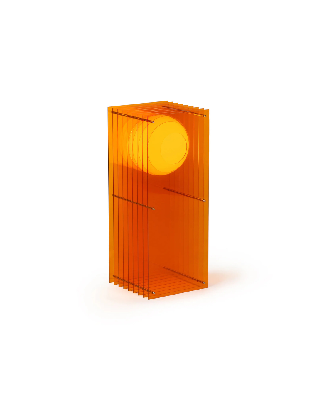Lampe à poser LOP grand rectangle orange en acrylique, verre opale et acier inoxydable, design moderne avec ampoule LED.